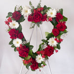 red and white flowers heart wreath