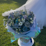 custom big blue bouquet- roses, lisianthus, delphiums.