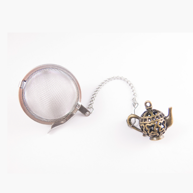 small stainless steel tea infuser with bronze teapot charm 