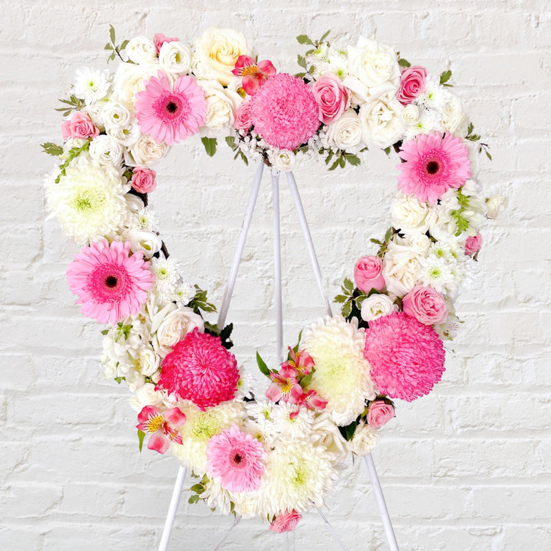 Baby pink and white flowers heart wreath 
