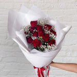 Red roses & baby's breath bouquet - perfect for anniversary, birthdays, valentines, proposals, graduations. 