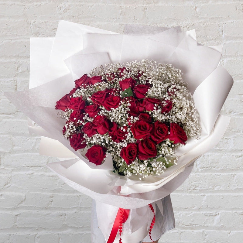 Red roses & baby's breath bouquet - perfect for anniversary, birthdays, valentines, proposals, graduations. 