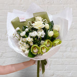 green & white bouquet - featuring seasonal flowers. 
