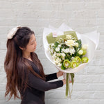 green & white bouquet - featuring seasonal flowers. 