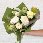 green & white bouquet - featuring seasonal flowers. 