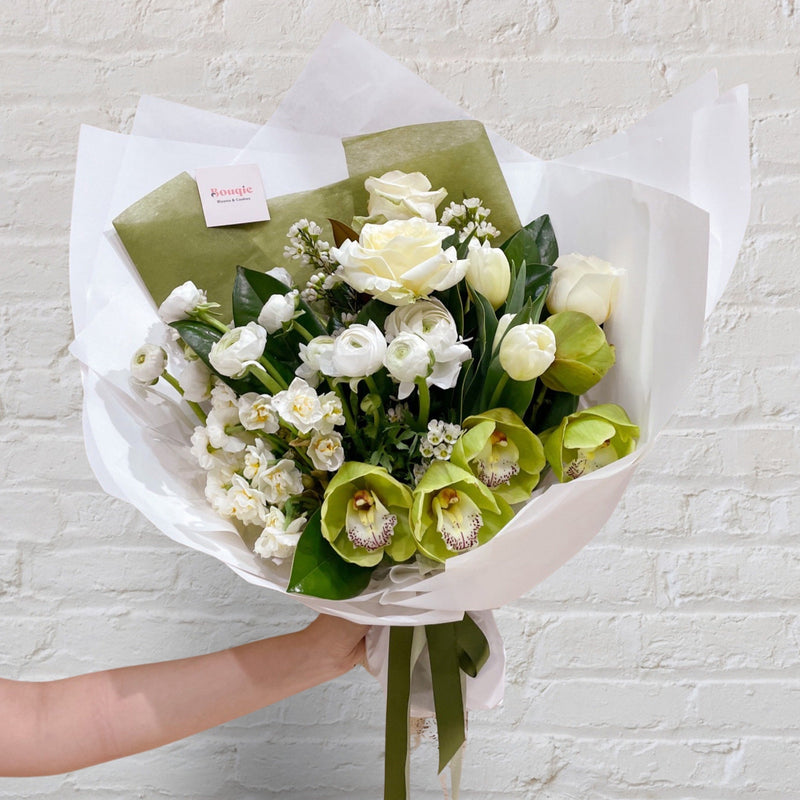 green & white bouquet - featuring seasonal flowers. 